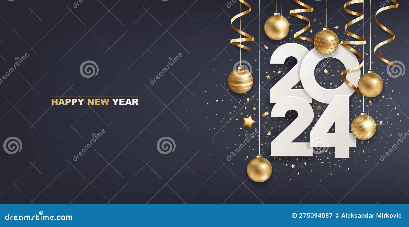 2024 Happy New Year. Christmas ball of festive decor and date of year 2024  on blue background. Vector ill…
