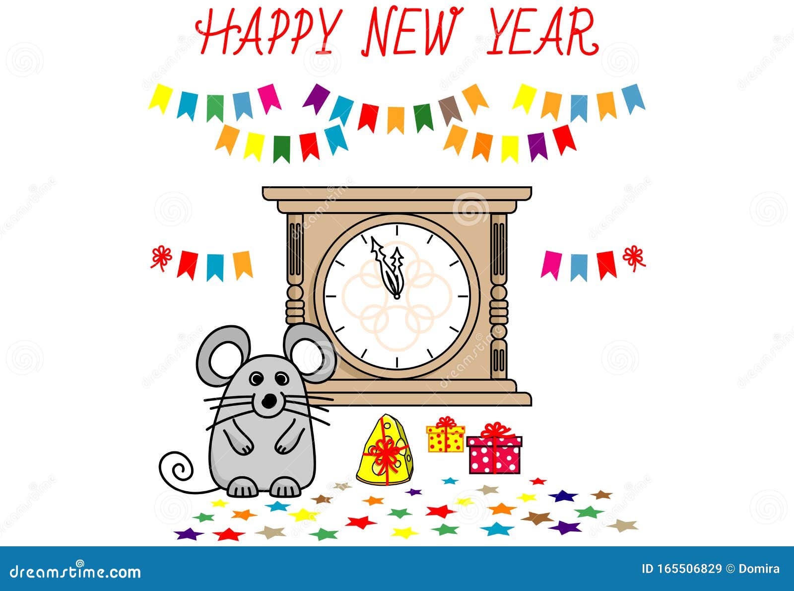 Happy New Year Inscription, Cute Mouse and Clock. Funny Cartoon ...