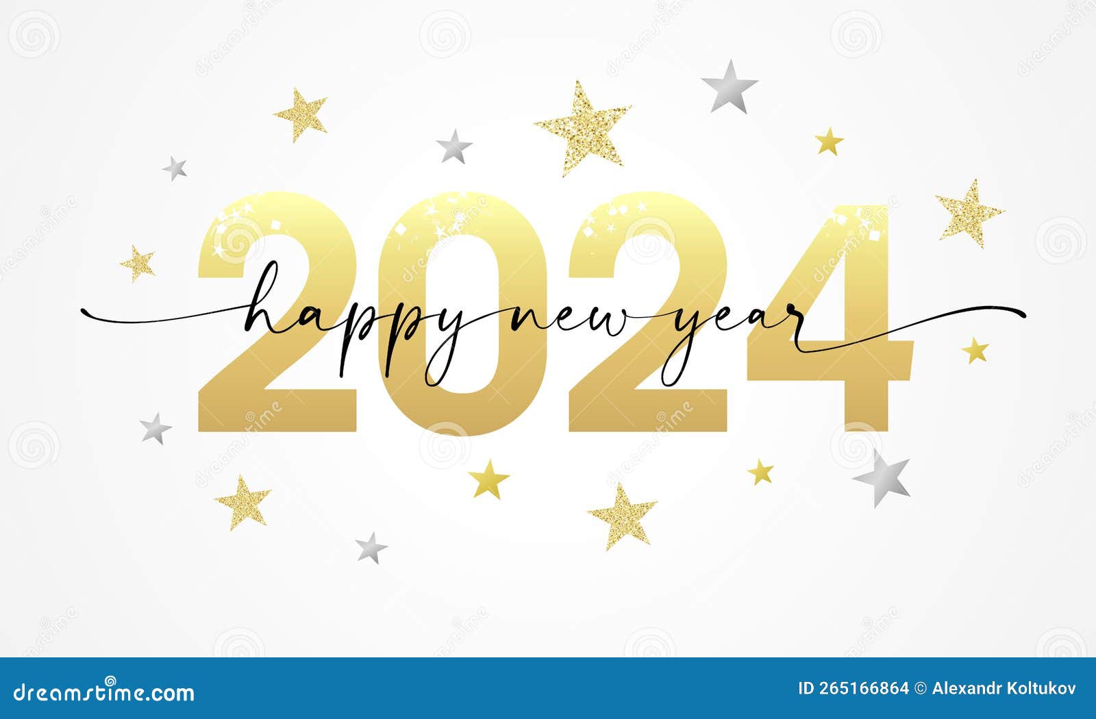 happy new year 2024 lettering script and golden glitter of stars