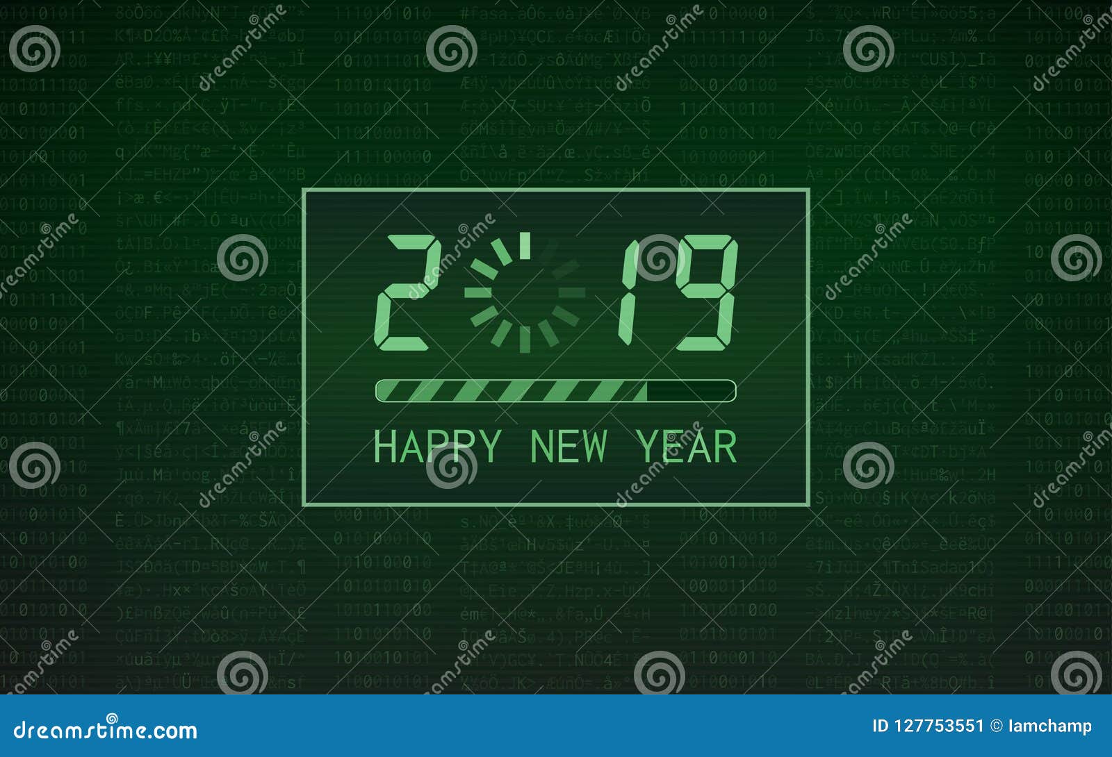 Happy New Year 19 With Loading Bar Icon On Abstract Digital Binary Code And Green Color Background Stock Illustration Illustration Of Robots Graphic