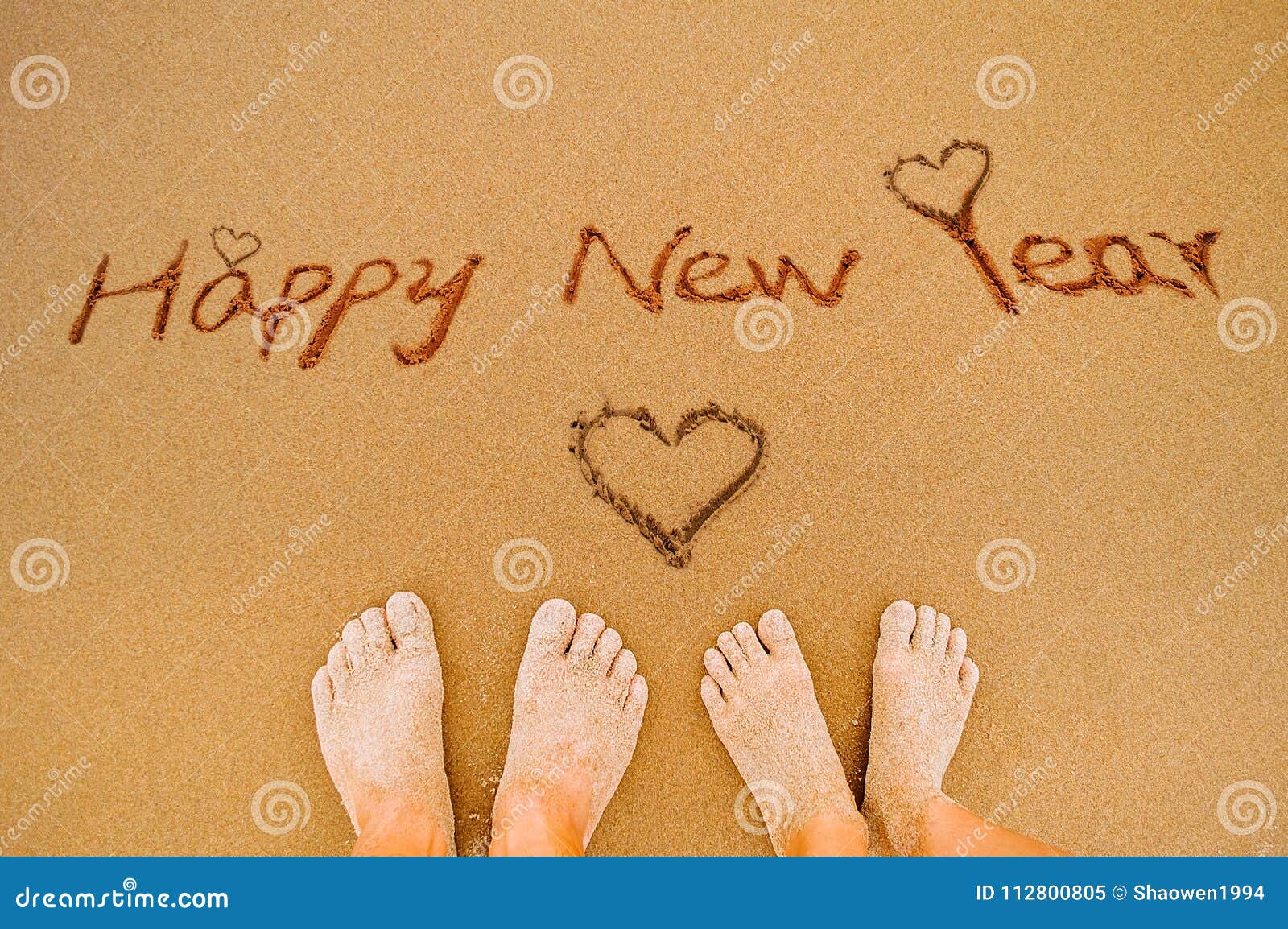 Happy New Year and Lover Feet on Beach Stock Image - Image of feet ...