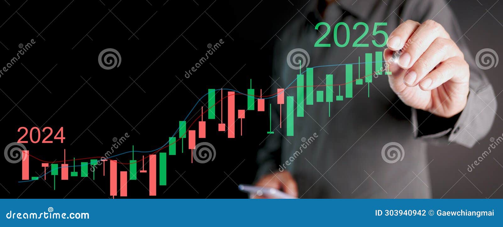 Happy New Year 2025. a Man Draws a Rising Graph or Chart Reflecting the