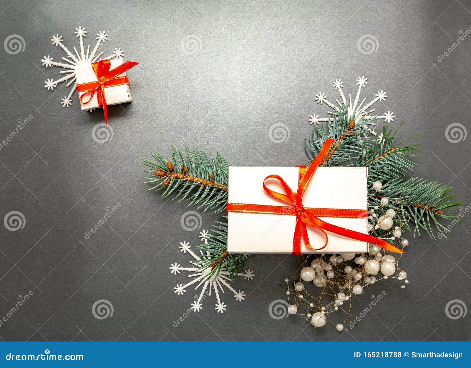 2020 Happy New Year, Merry Christmas Decorations Flatlay. Gift Box, Red Ribbon, Spruce Branch ...