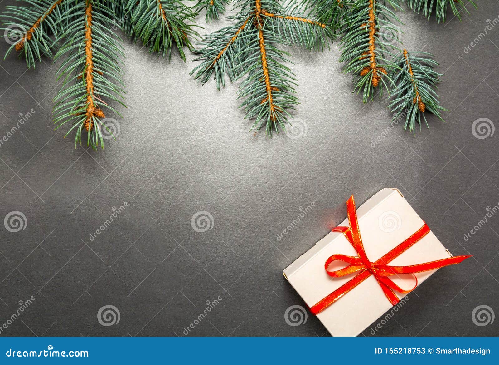 2020 Happy New Year, Merry Christmas Decorations Flatlay. Gift Box, Red Ribbon Spruce Branch Top ...