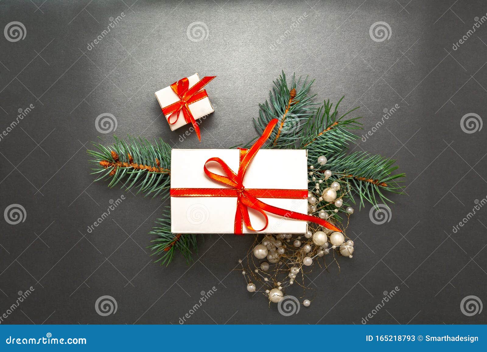 2020 Happy New Year, Merry Christmas Decorations Flatlay. Gift Box, Red Ribbon, Spruce Branch ...