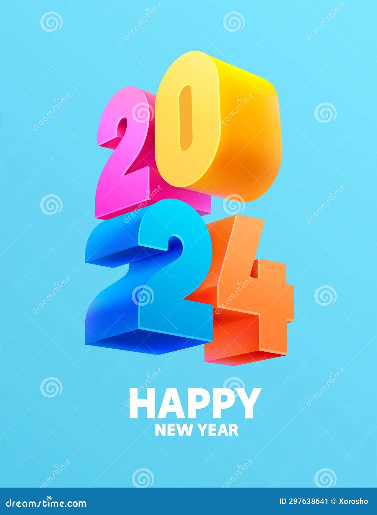 happy new year 2024. modern holiday lettering . bright colorful numbers on blue background