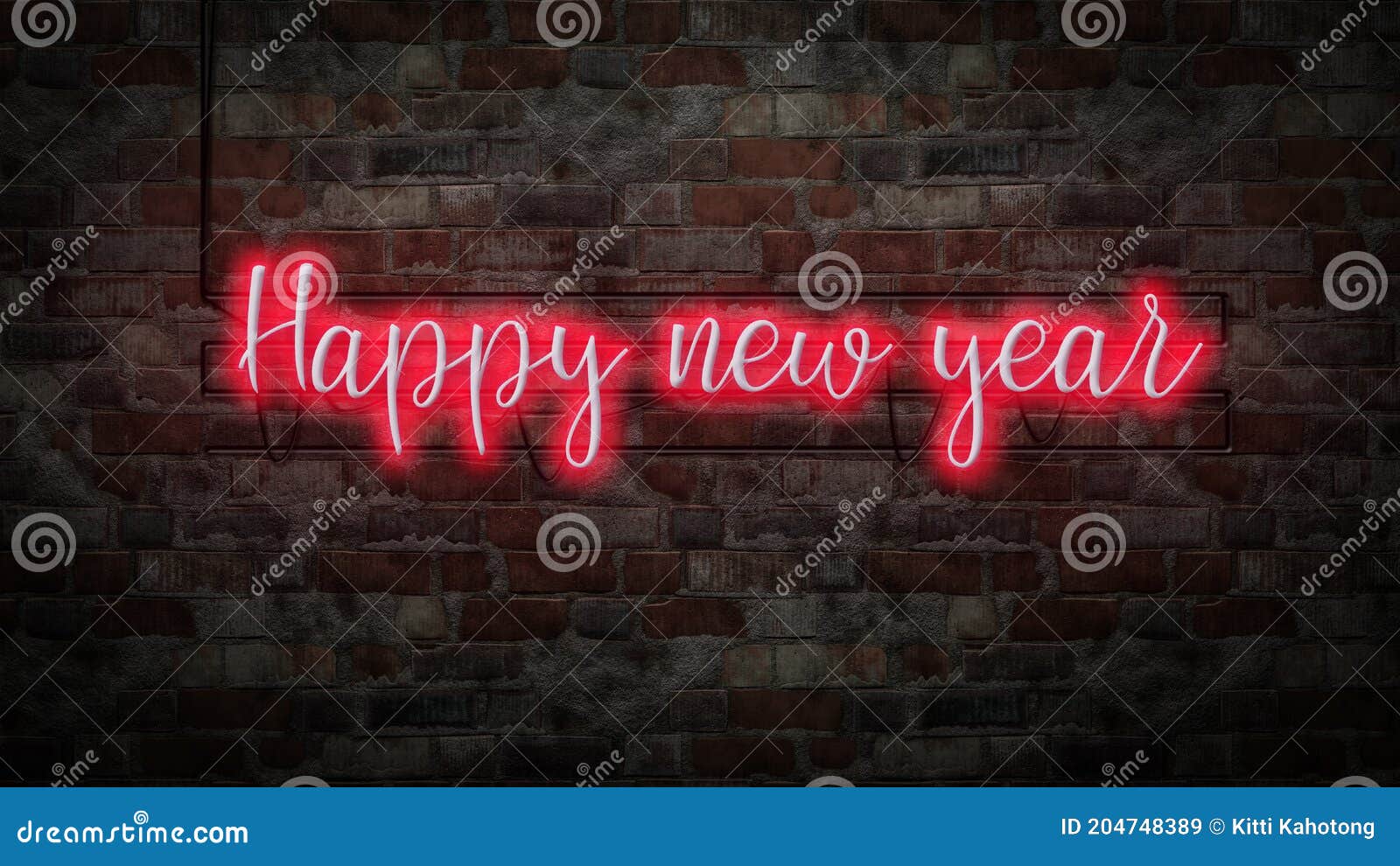 happy new year neon light on brick wall bcakground