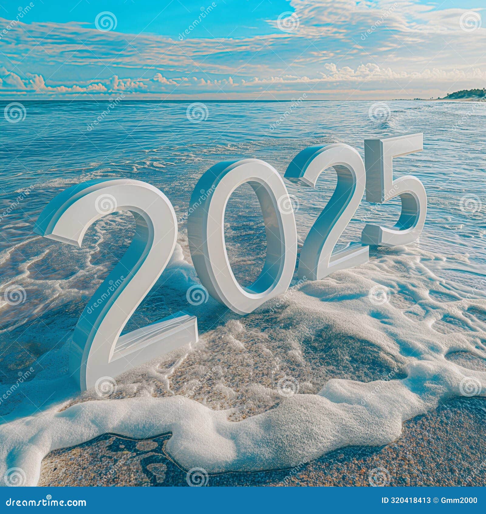 Happy New Year 2025, 2025 Numbers on the Beach, Generative Ai Art Stock Illustration