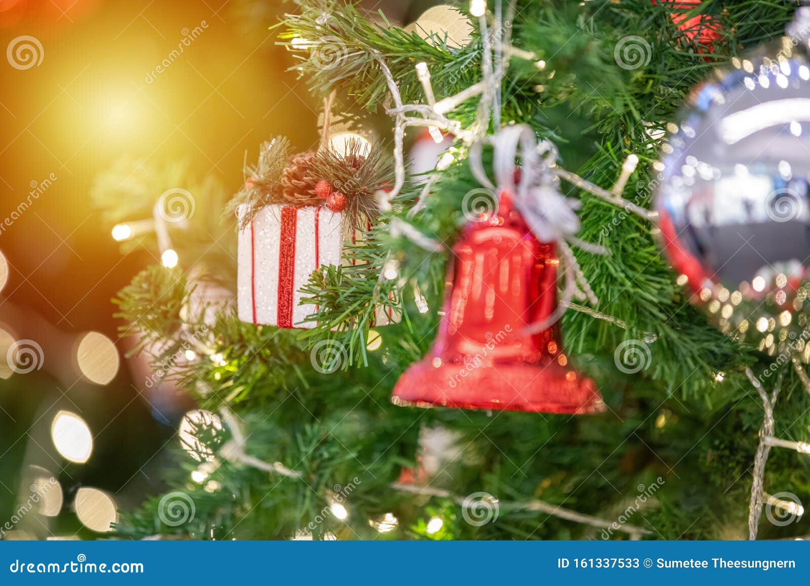 Happy New Year and Ornaments on the Christmas Tree with Gift Box ...