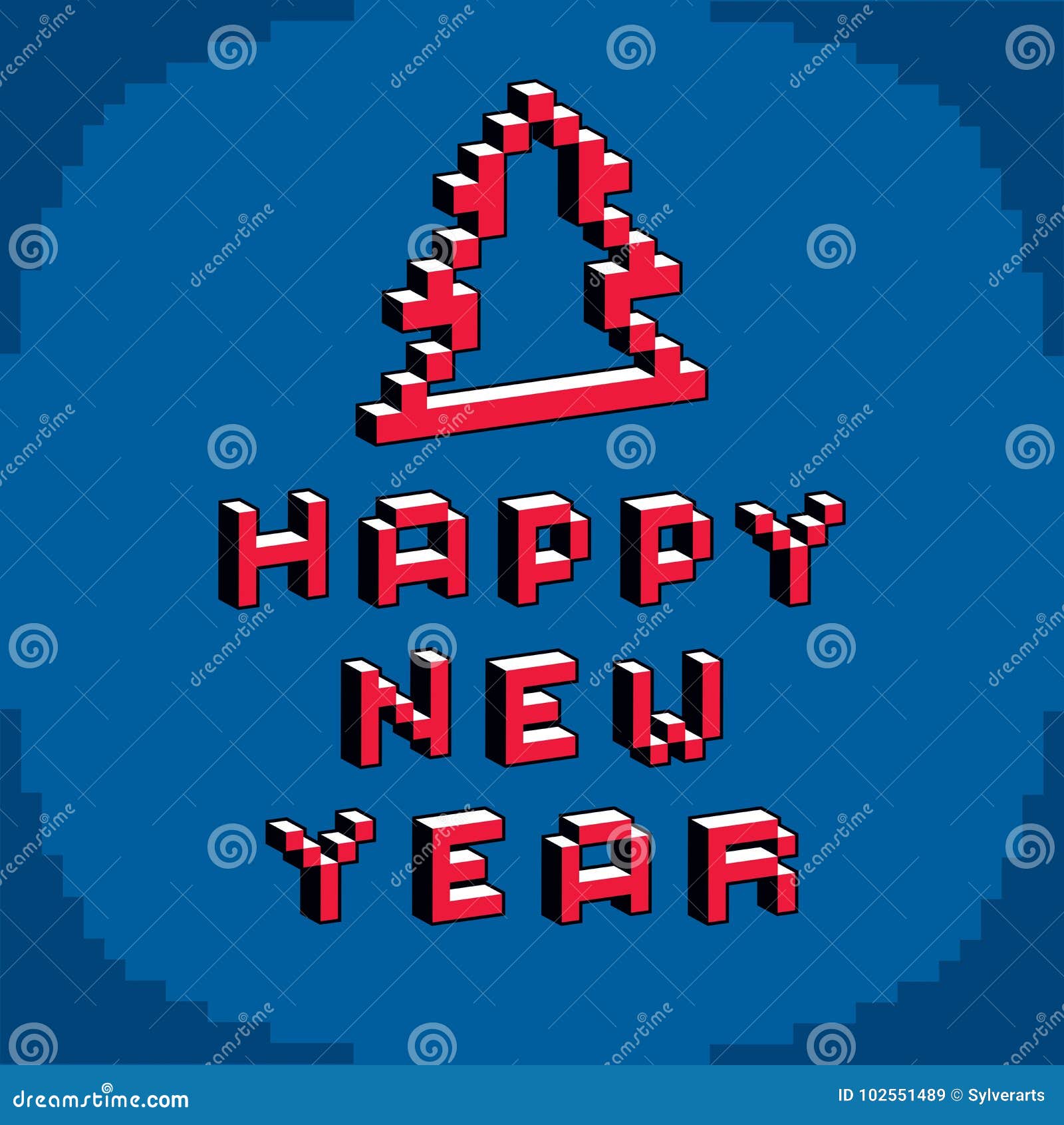 happy new year phrase created in digital technology style,  8 bit christmas tree. celebration theme pixel art inscription.