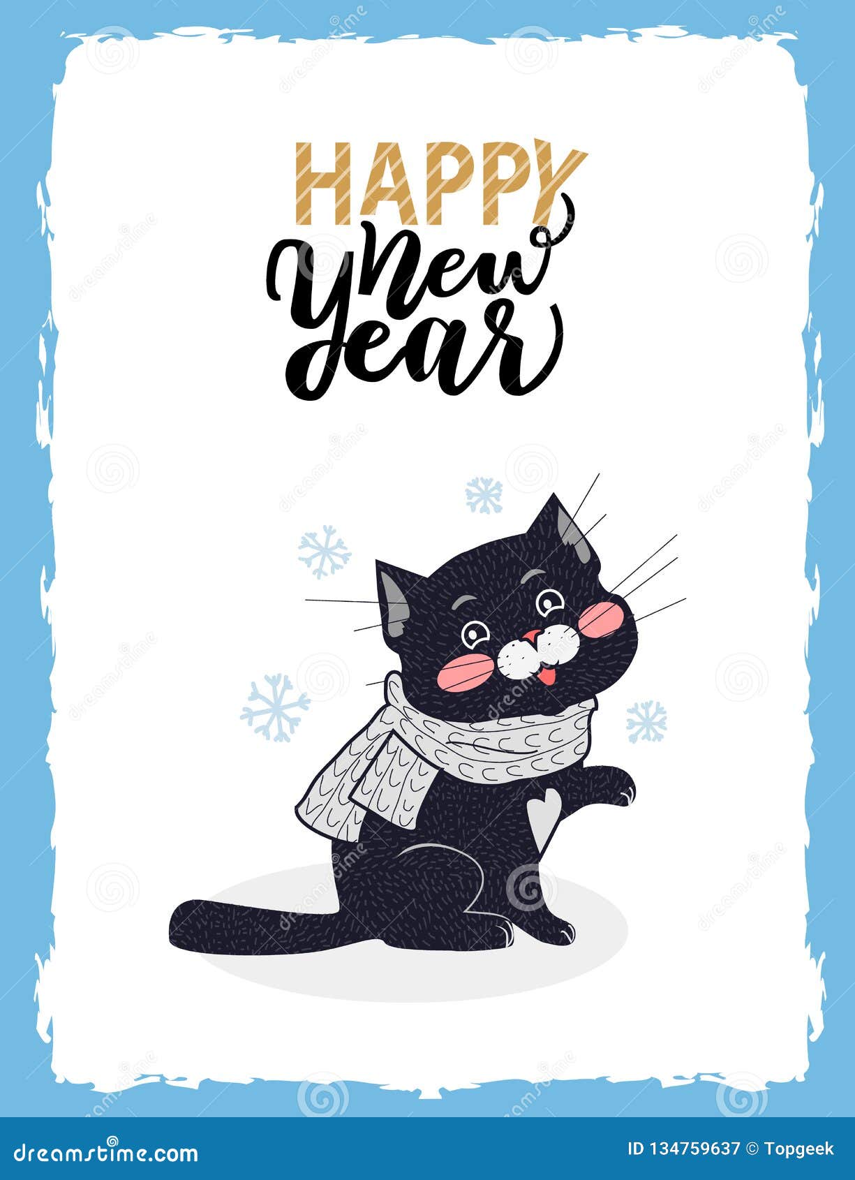 Happy New Year Postcard with Nice Black Kitten Stock Vector
