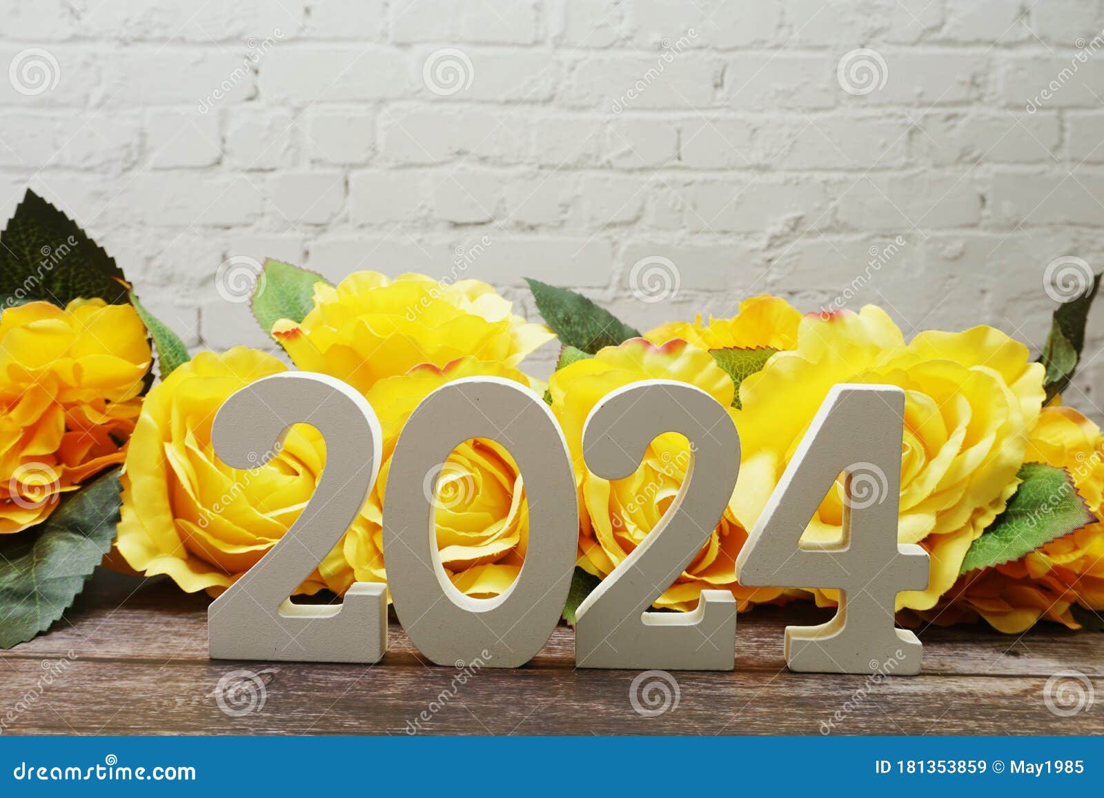 Happy New Year Roses Flower Decoration Space Copy White Brick Wall 181353859 