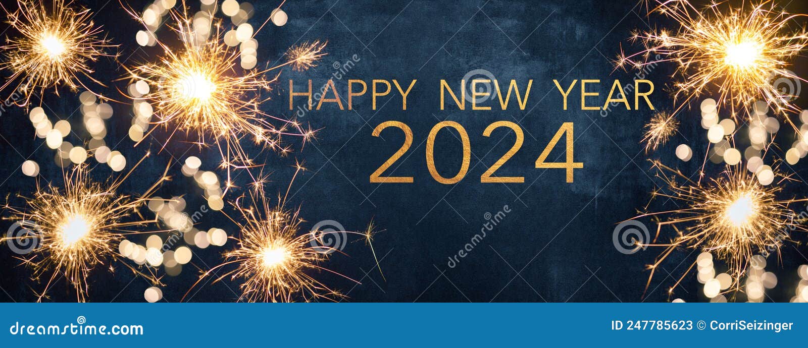 happy new year 2024 / new year`s eve party background greeting card  - sparklers and bokeh lights, on dark blue night sky