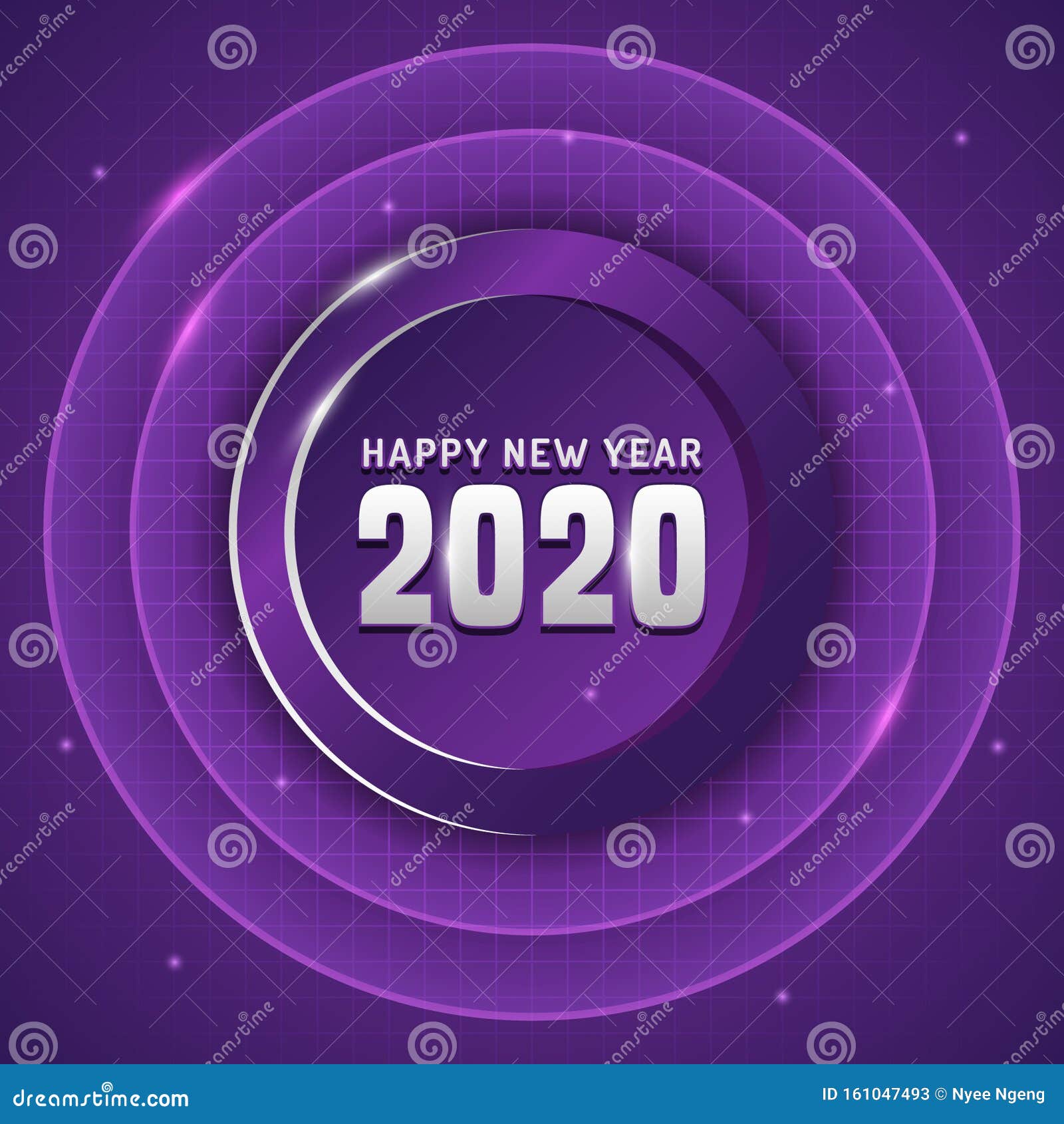 Happy New Year with Silver Text and Purple Background in Futuristic