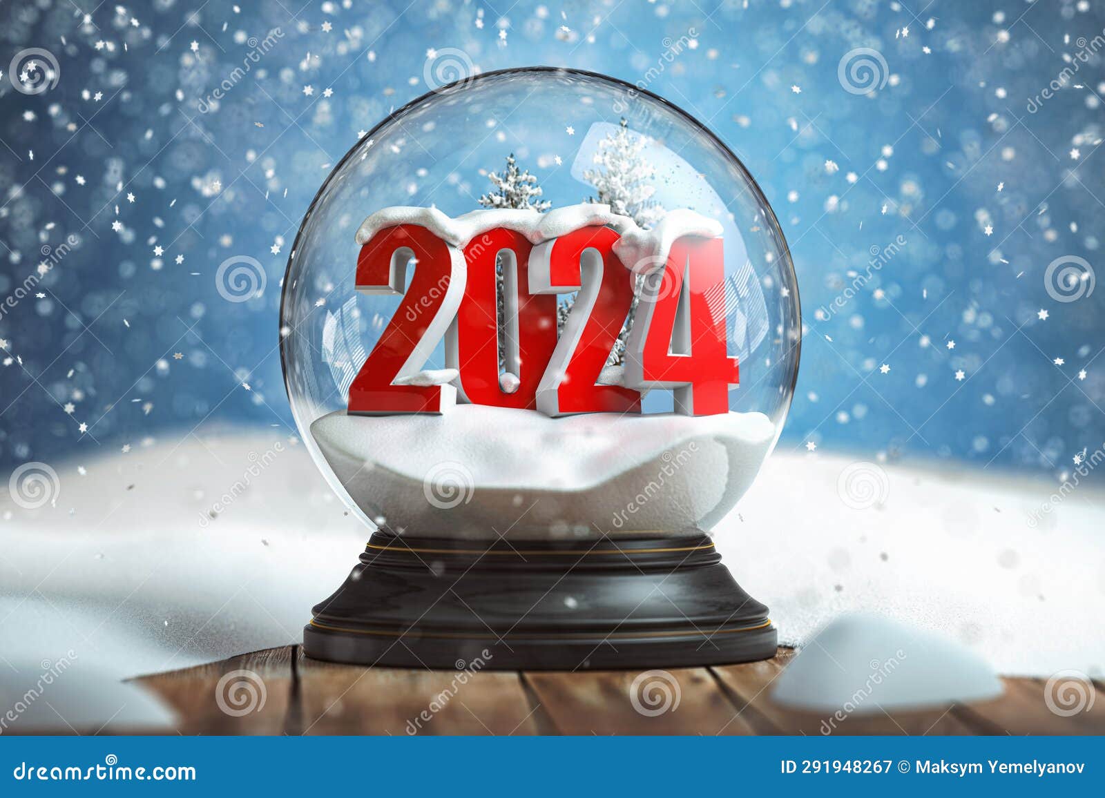 Happy New 2024 Year, Snowball Witn 2024 on the Wooden Table Stock