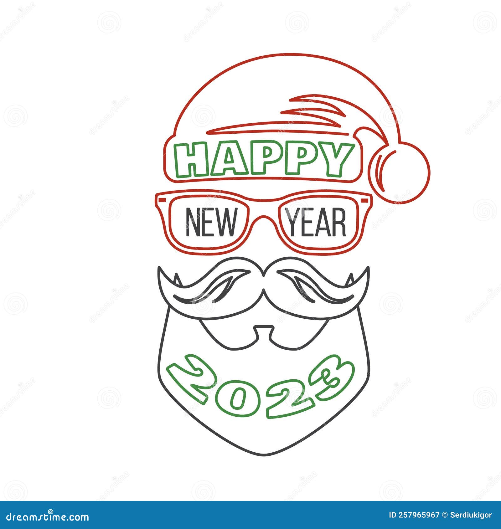 happy new year stamp, sticker set with santa claus.  . line art  for xmas, new year emblem in