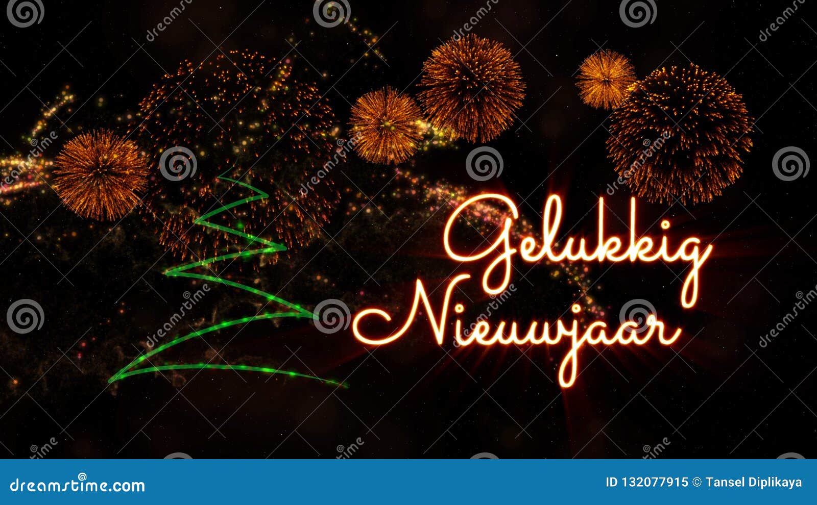 Happy New Year Text In Dutch Gelukkig Nieuwjaar Over Pine Tree And  Fireworks Stock Image - Image of tree, title: 132077915
