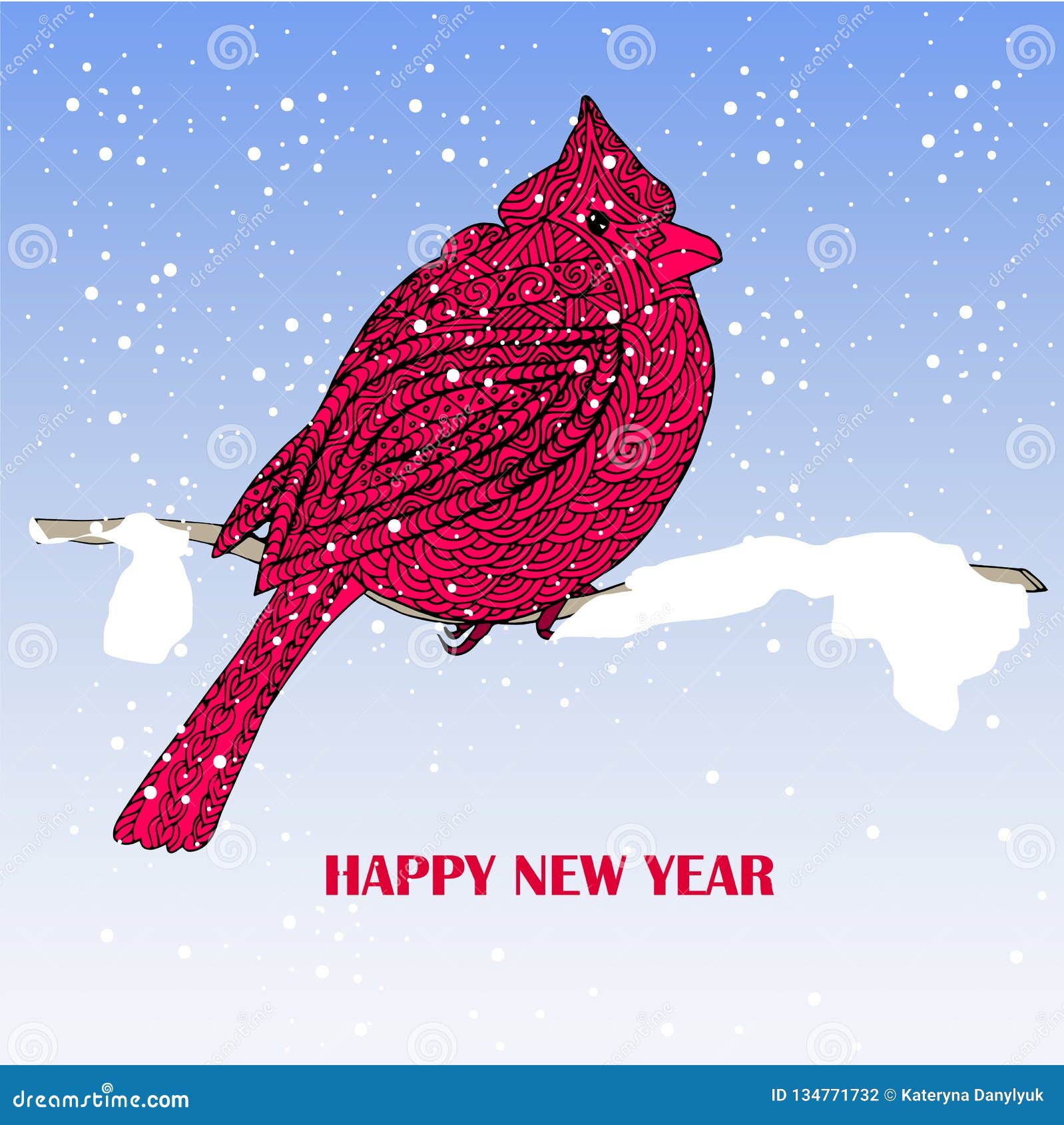 Happy New Year Typography Banner With Cardinal Hand Drawn Red