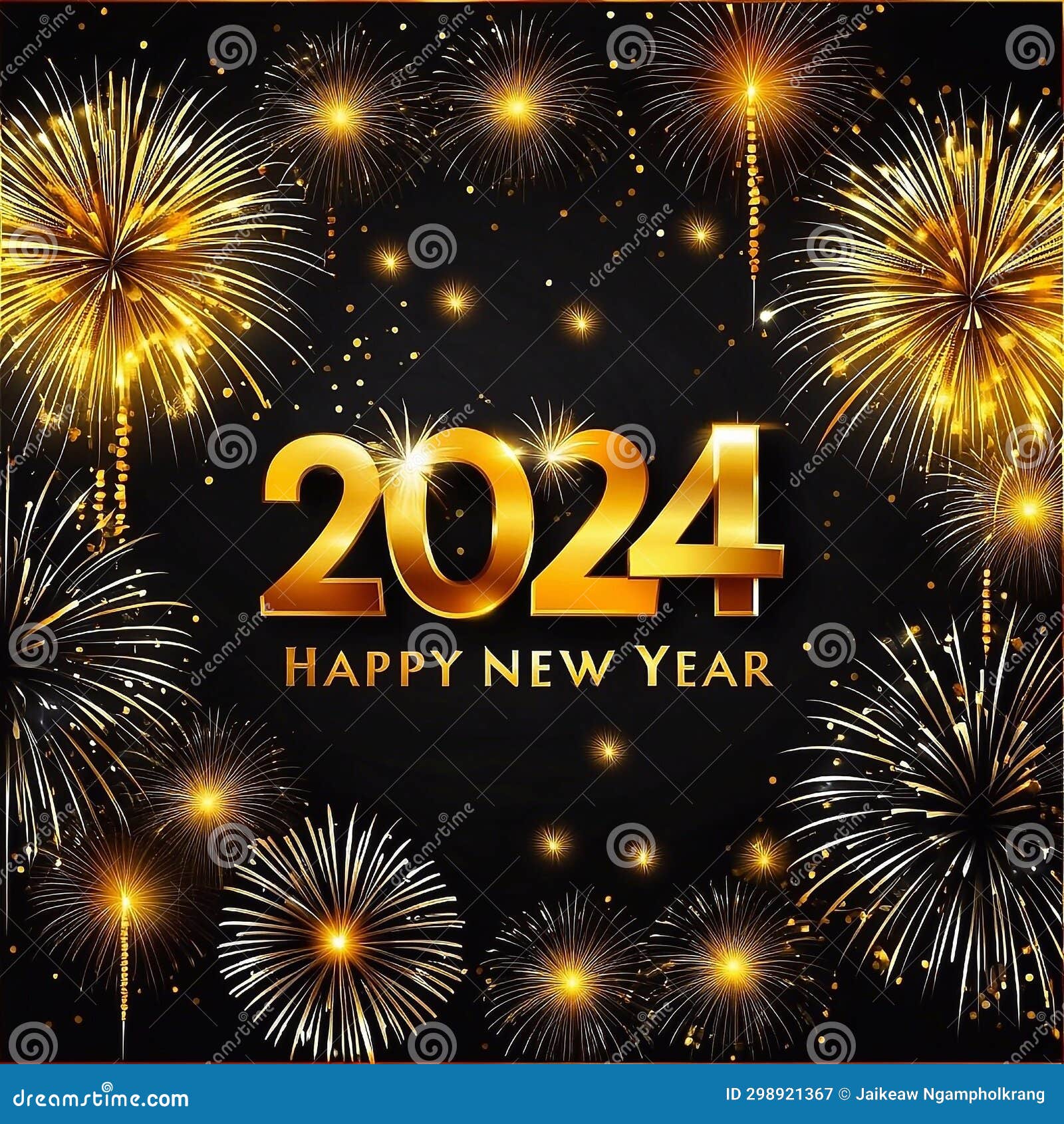 Happy New Year 2024 with Various Colors of Fireworks. Stock Image