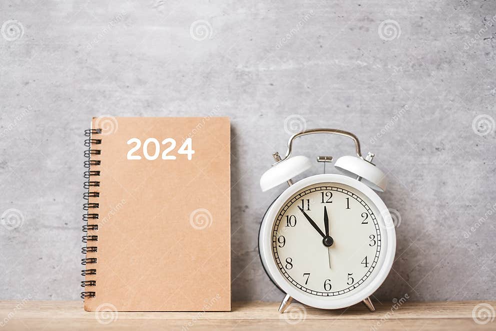 Happy New Year with Vintage Alarm Clock and 2024 Calendar. Christmas