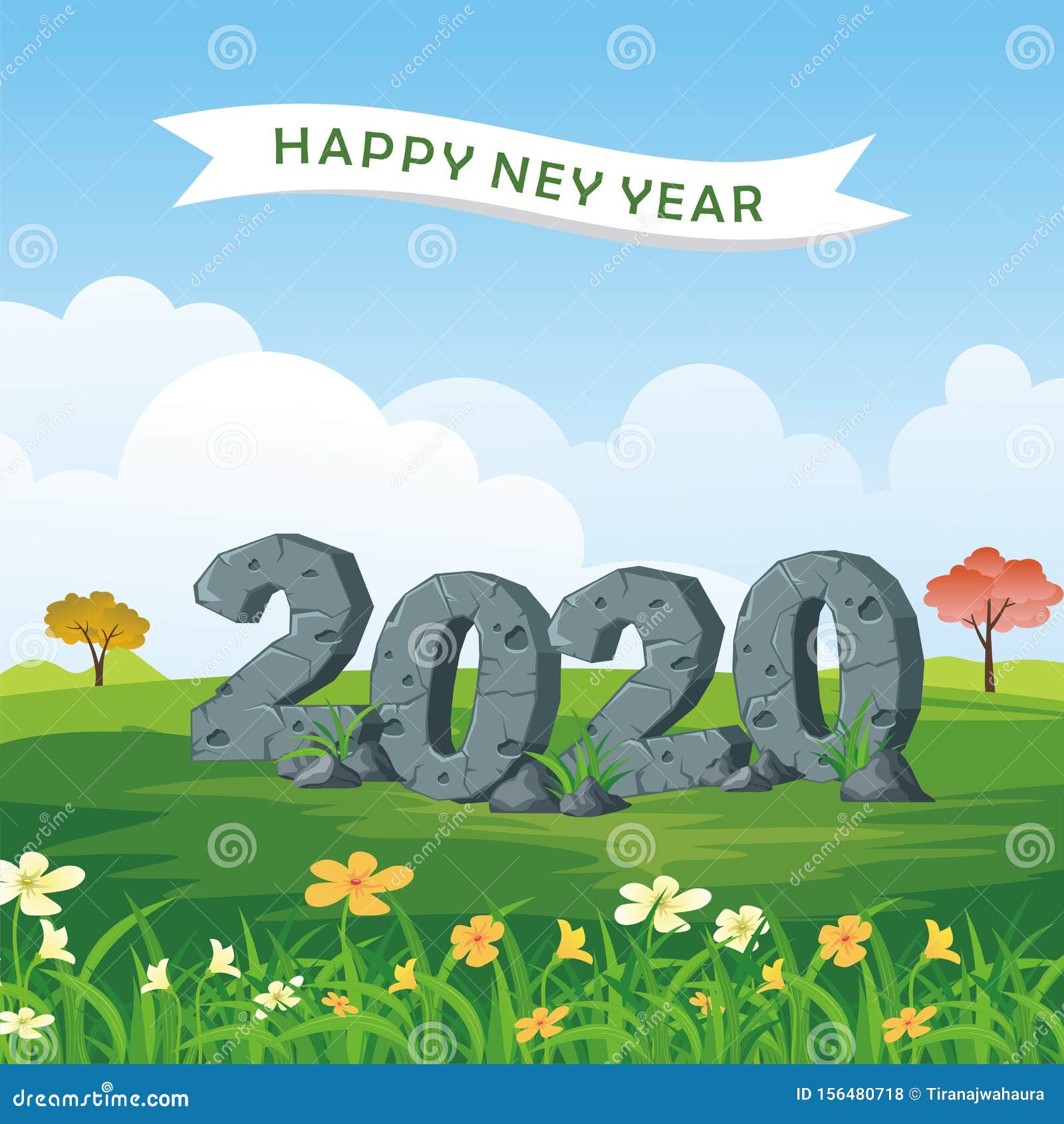 Happy New Year 2020 Wishes with Nature Landscape Design Stock Vector