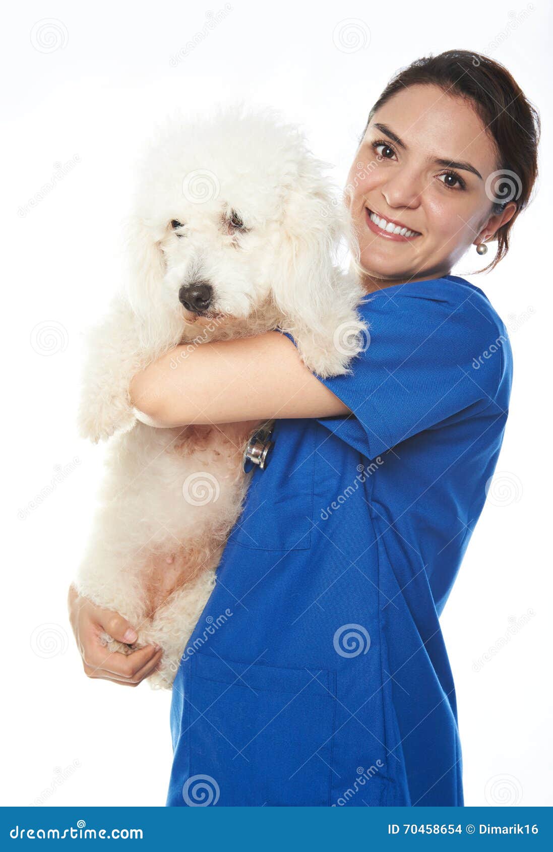 Happy nurse with dog stock photo. Image of cute, poodle 70458654