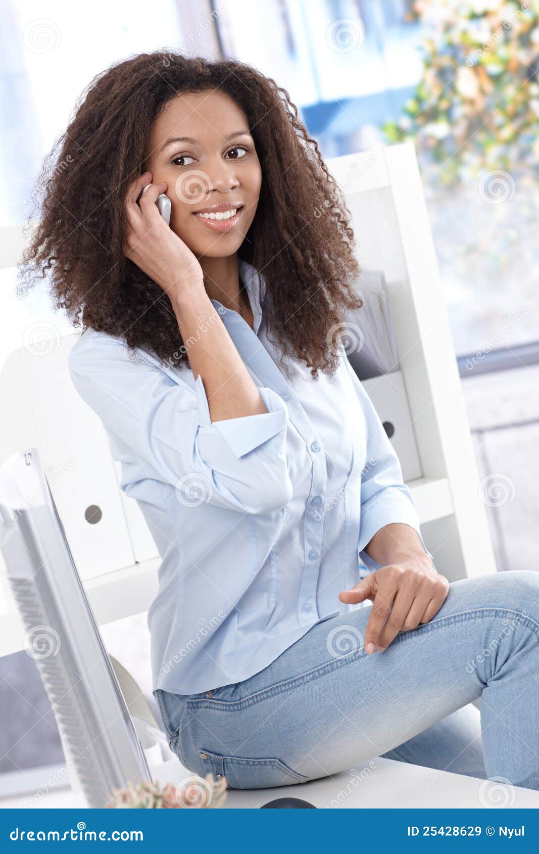 Happy Office Worker on Mobile Stock Image - Image of cell, brown: 25428629