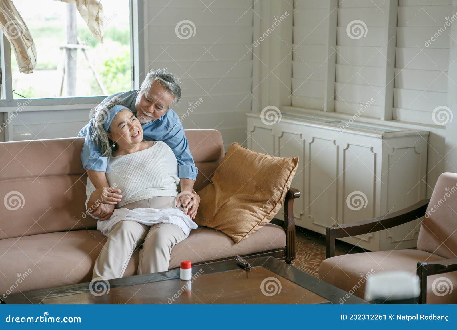 Happy Old Asian Husband Take Care and Embracing Elderly Wife Sitting on ...