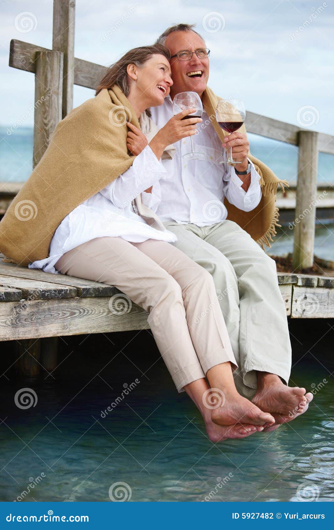 Happy Old Couple Standing Together At Harbor Stock Photo 