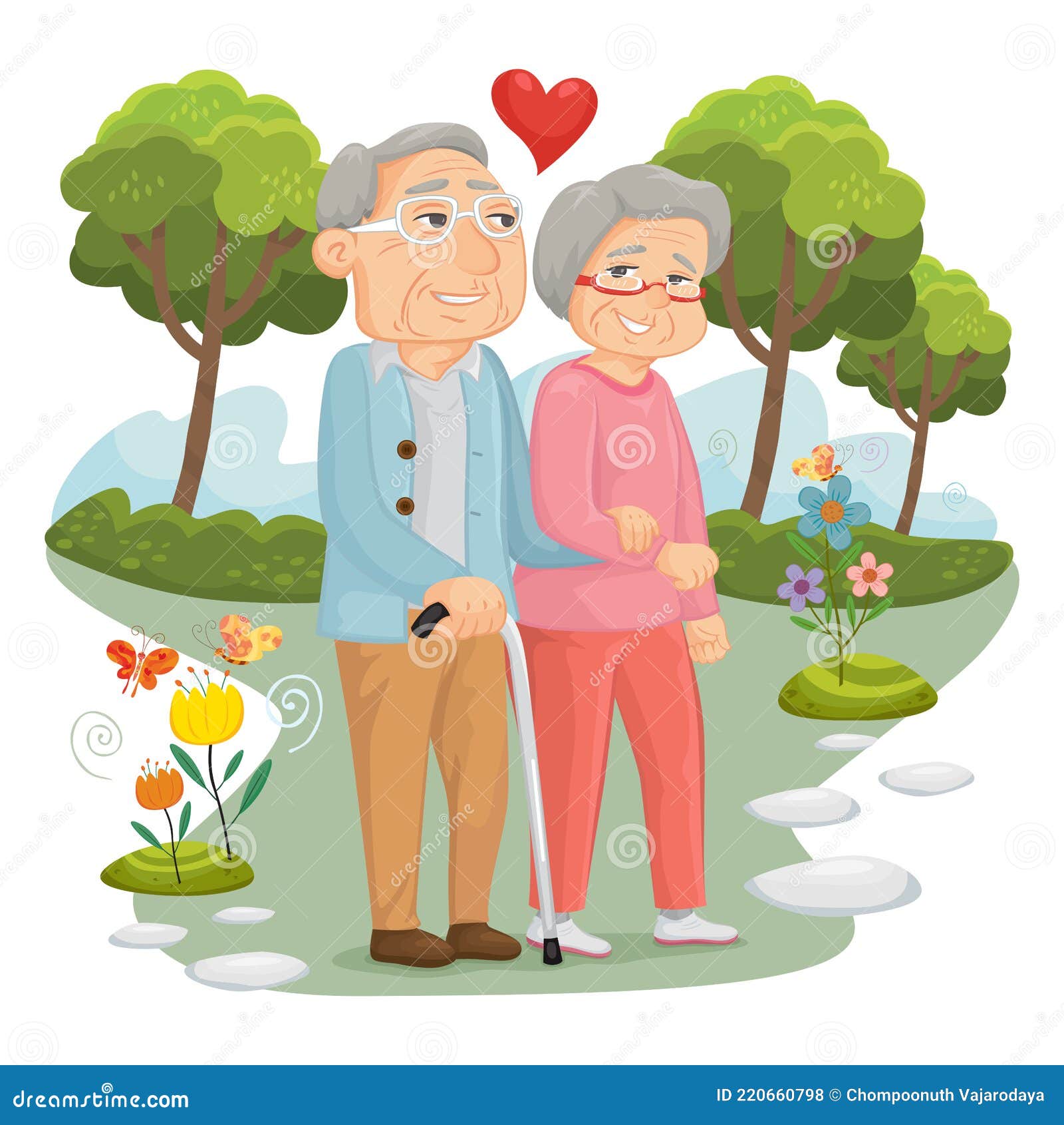Happy Old Couple Walking in Park Stock Vector - Illustration of person,  husband: 220660798
