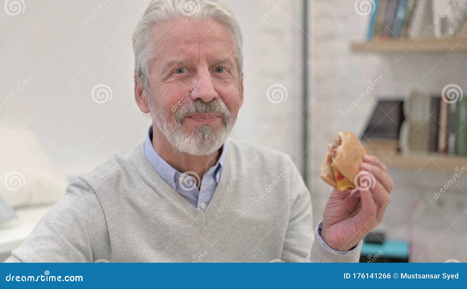 Happy Senior Old Man Eating Cheese Burger Stock Photo Image of cheese