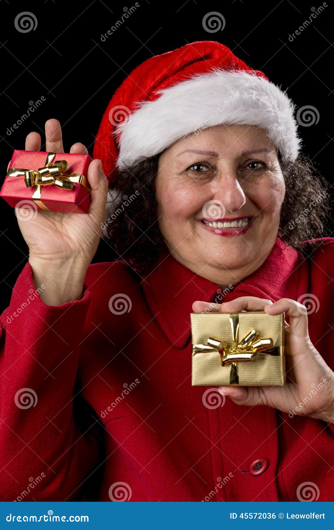 Happy Old Woman with Santa Hat and Two Xmas Gifts Stock Photo - Image of  joyful, black: 45572036
