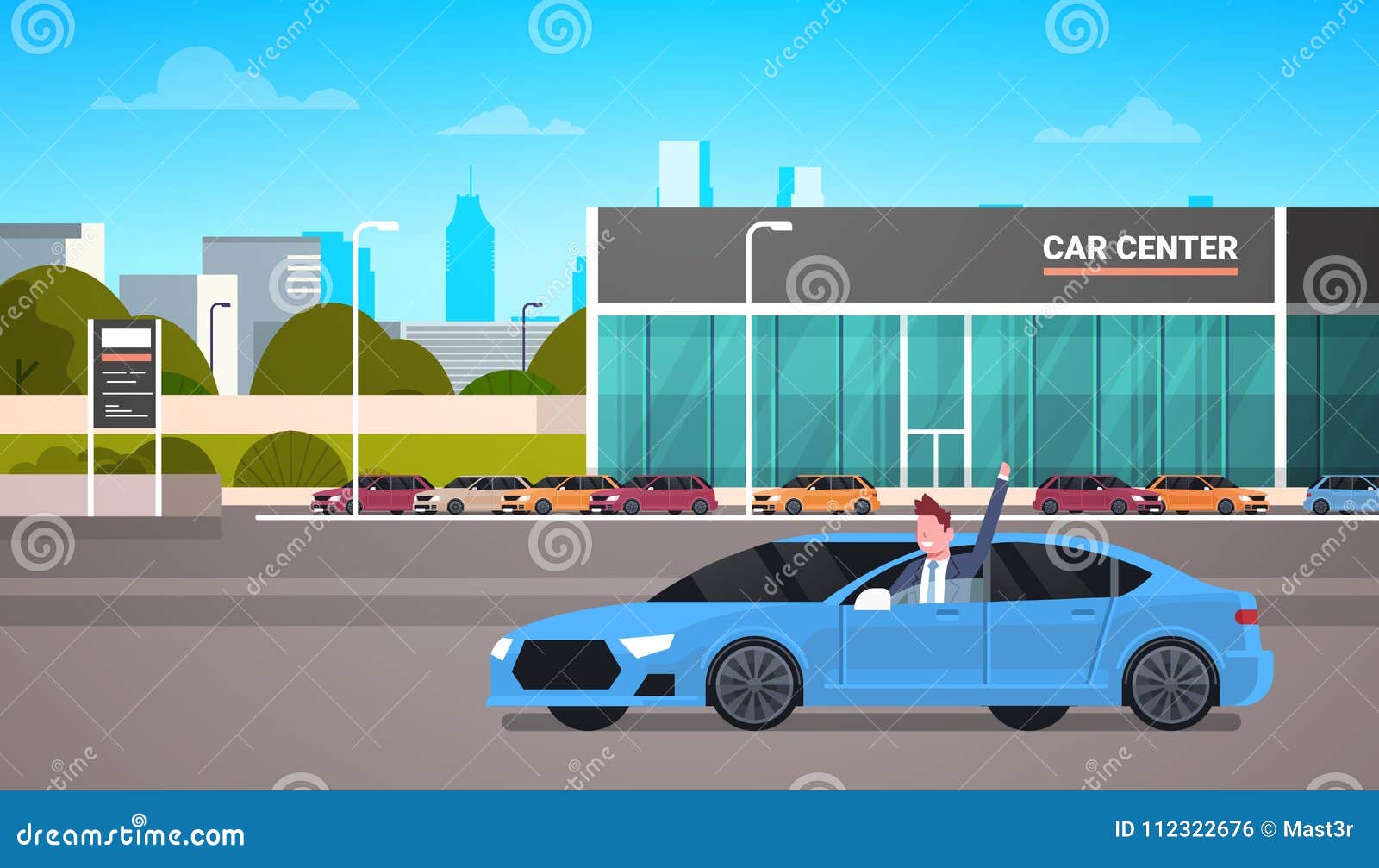 Happy Owner Driving New Car Over Dealership Center Showroom Building  Background Stock Vector - Illustration of automobile, banner: 112322676