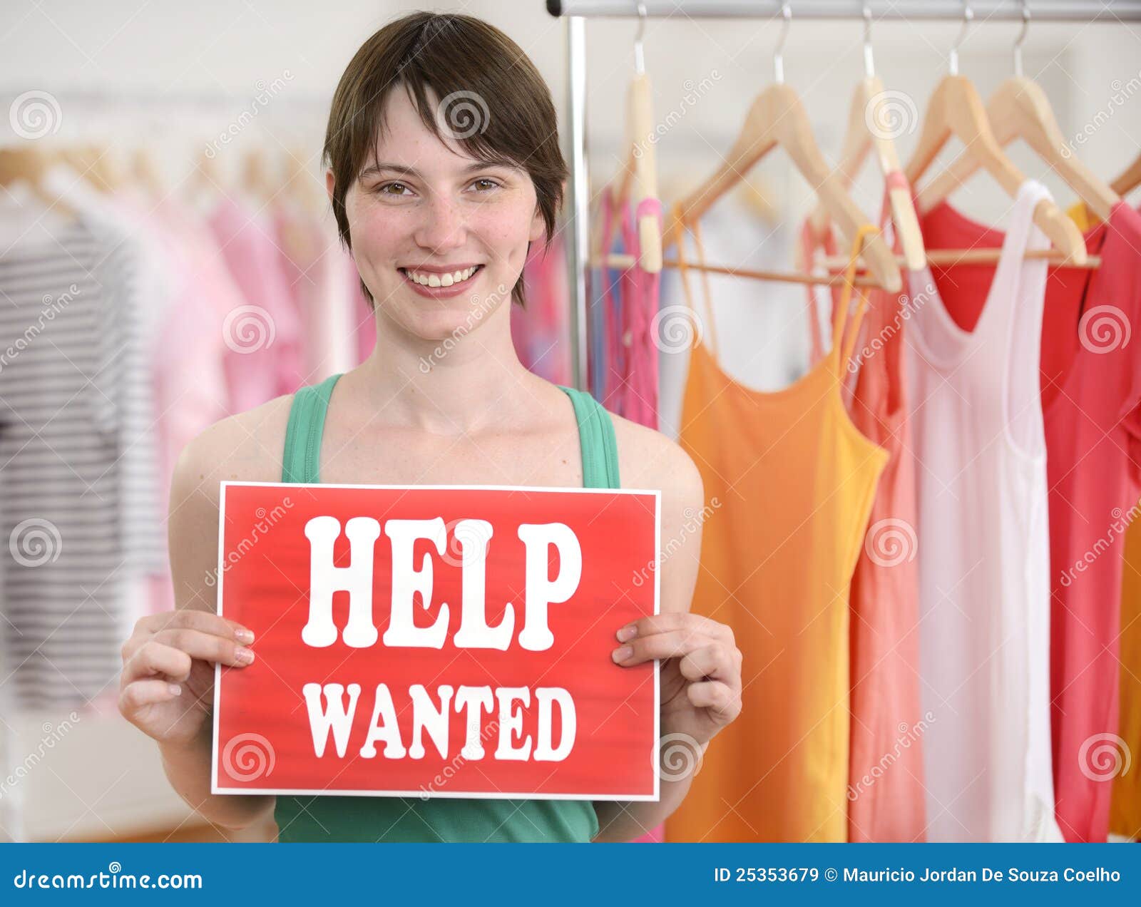 Happy Owner of Store with Help Wanted Sign Stock Image Image of