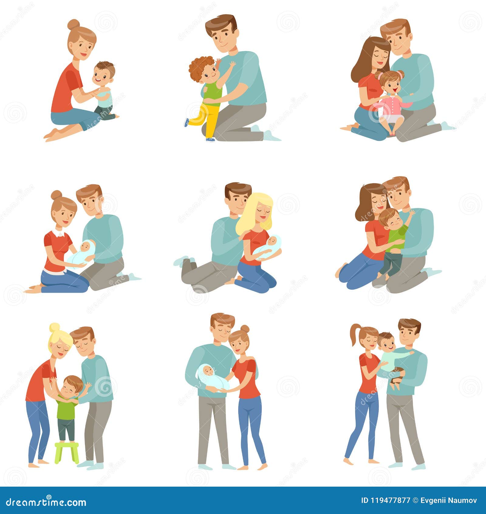 Happy parents embracing their kids set, mother and father hugging their children, happy family concept vector Illustration isolated on a white background.