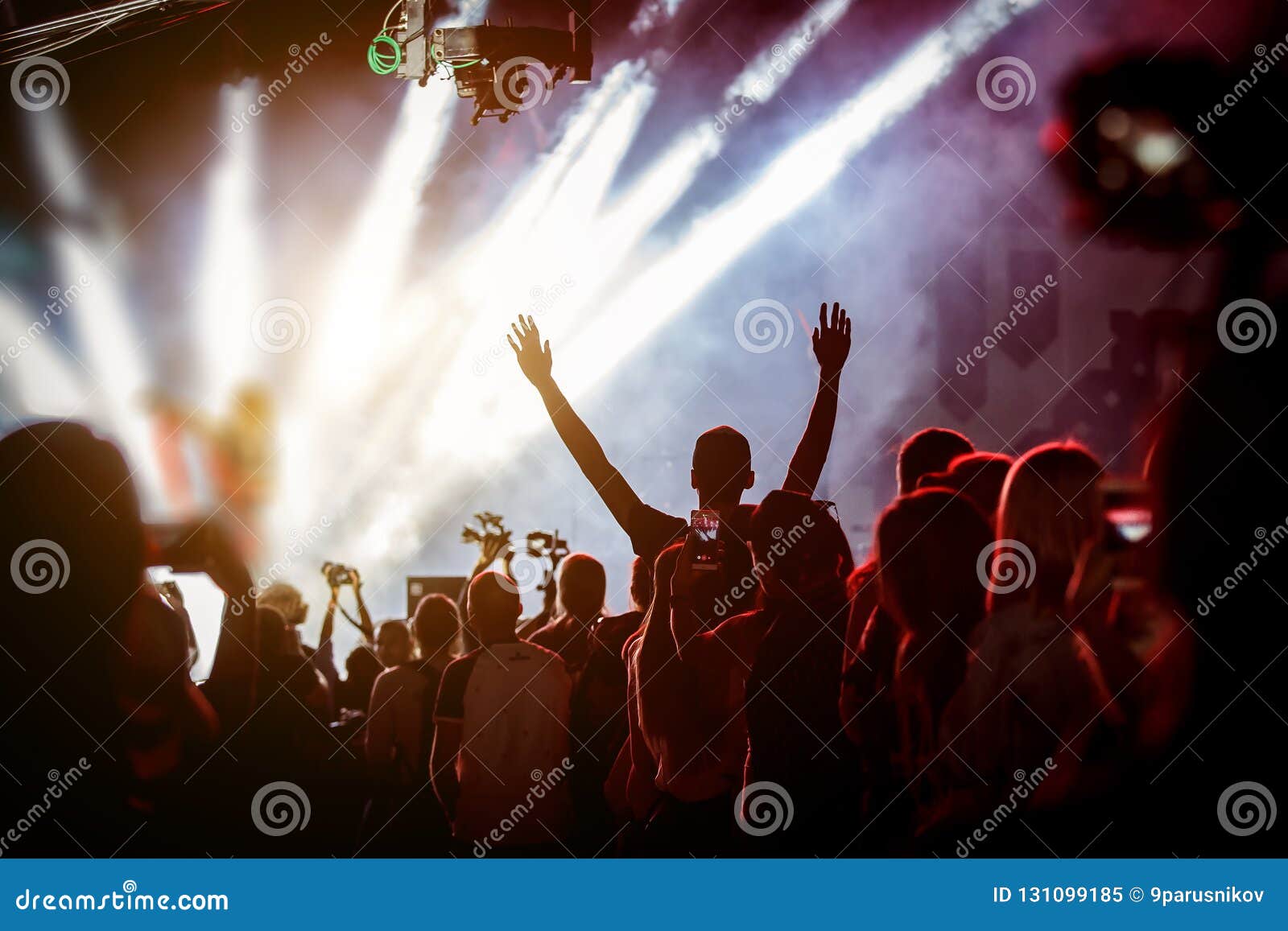 Happy People Enjoying Rock Concert, Raised Up Hands and Clapping of ...