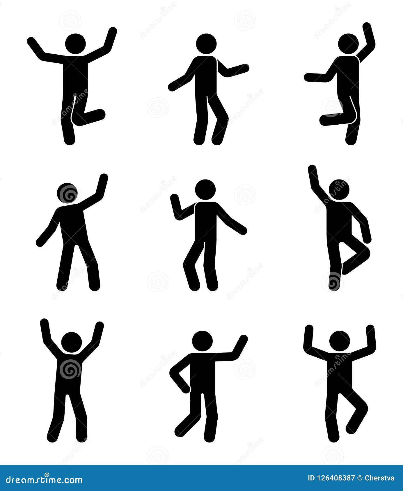 happy people stick figure icon set. man in different poses celebrating pictogram.