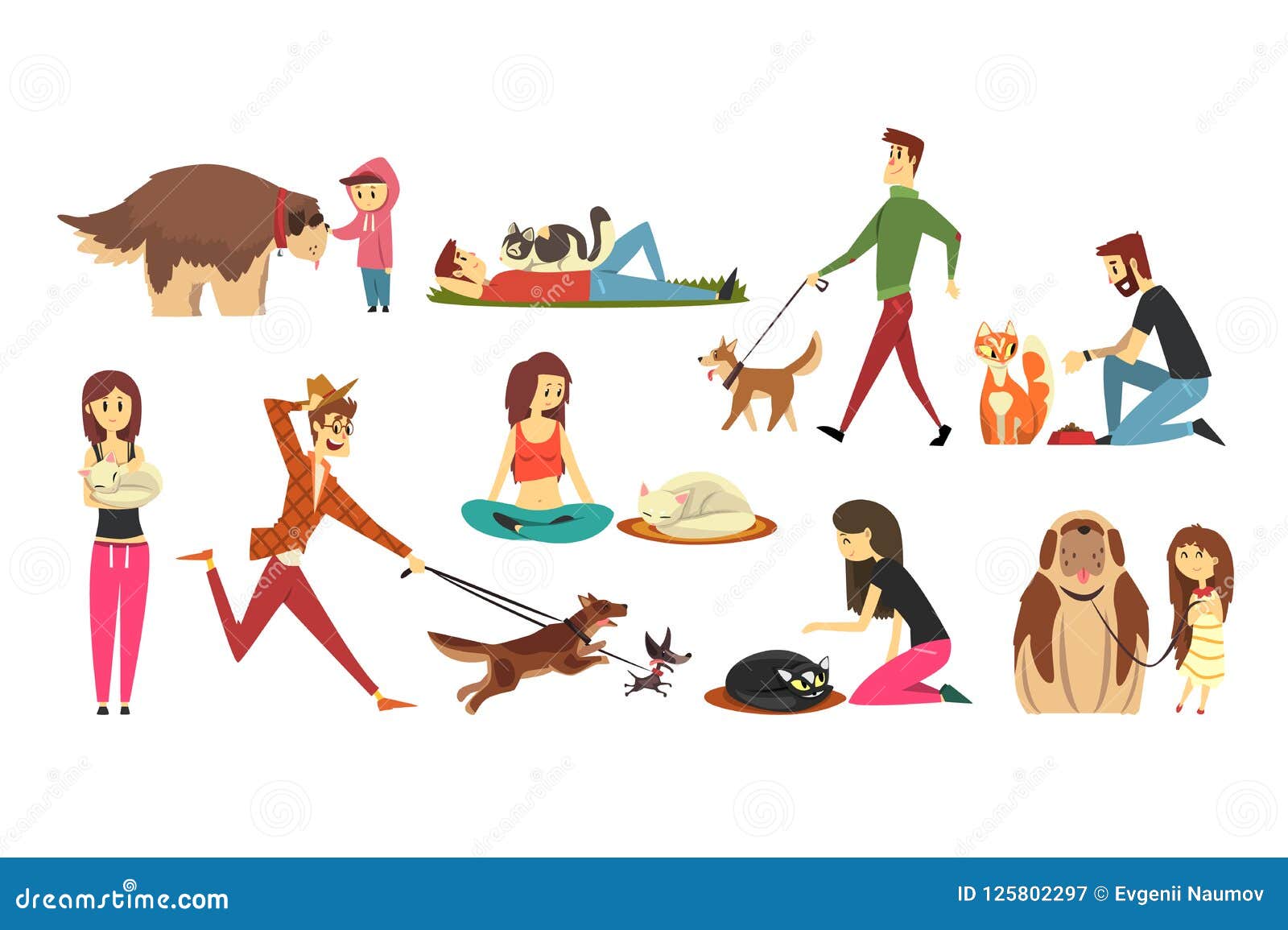 Happy People with Their Cats Set, Cute Pets with Their Owners Cartoon ...