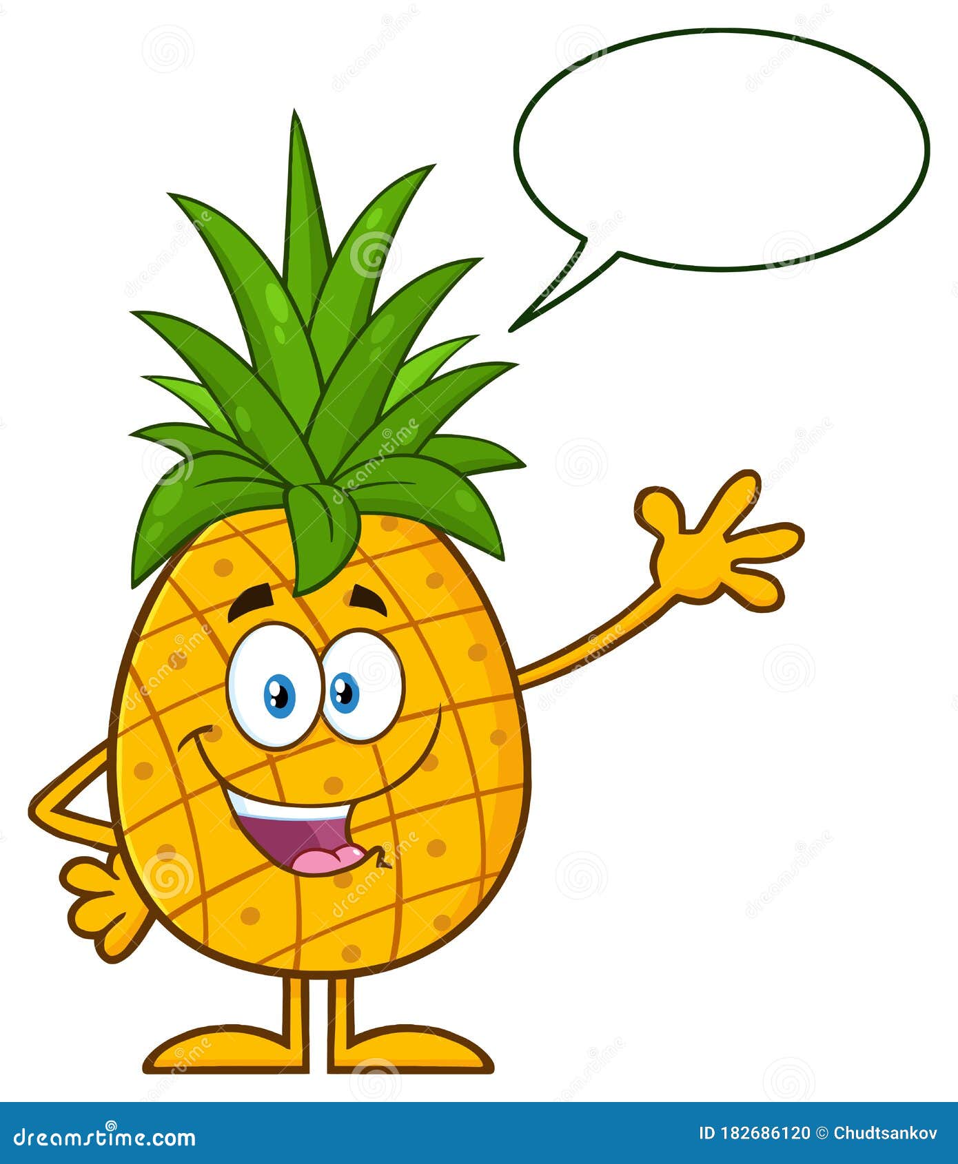 Happy Pineapple Fruit With Green Leafs Cartoon Mascot Character Waving
