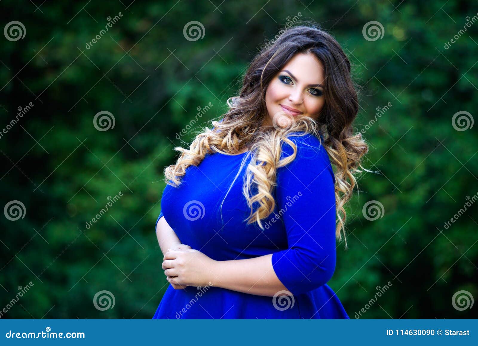 Young Beautiful Stylish Plus Size Fashion Model in Blue Dress Outdoors, Xxl  Woman on Nature Stock Image - Image of gir…