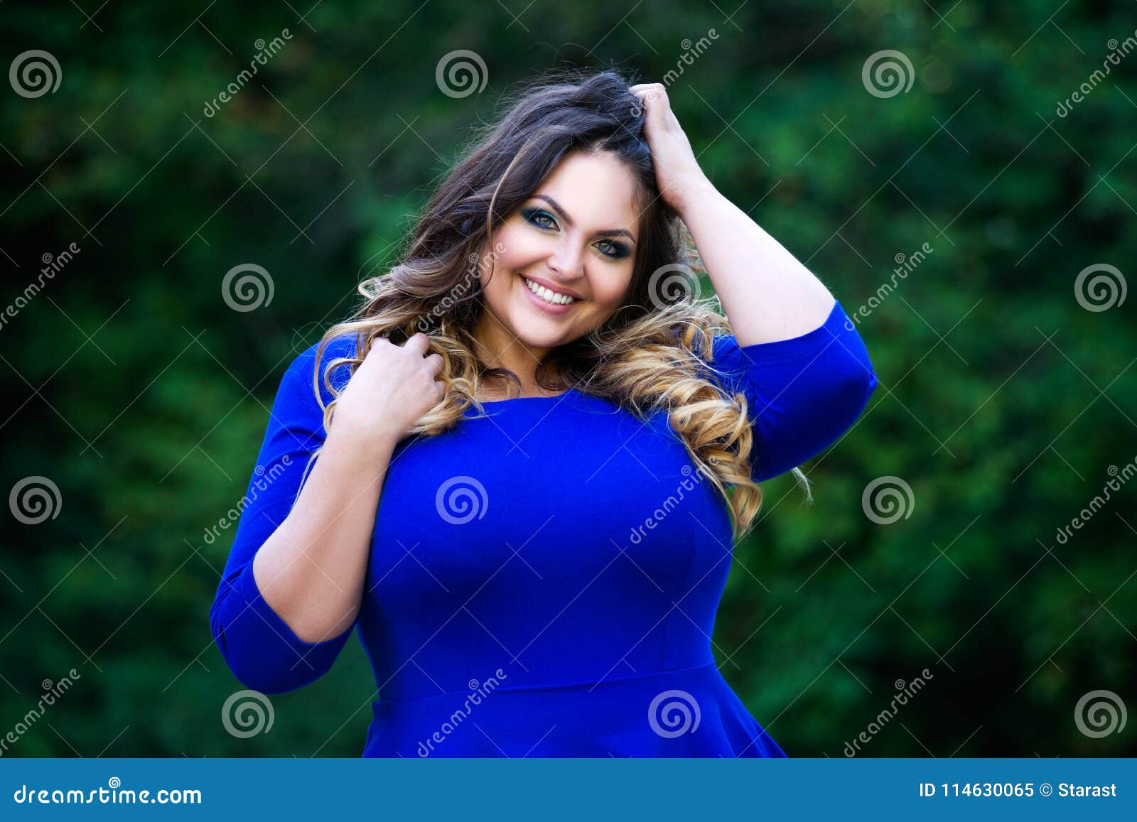 Happy Plus Size Fashion Model in Blue Dress Outdoors, Happiness Beauty ...