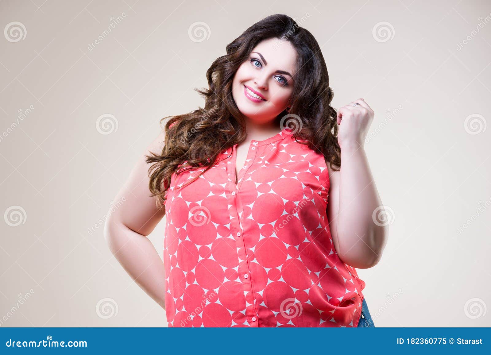 Happy Plus Size Fashion Model in Casual Clothes, Cheerful Fat Woman on ...