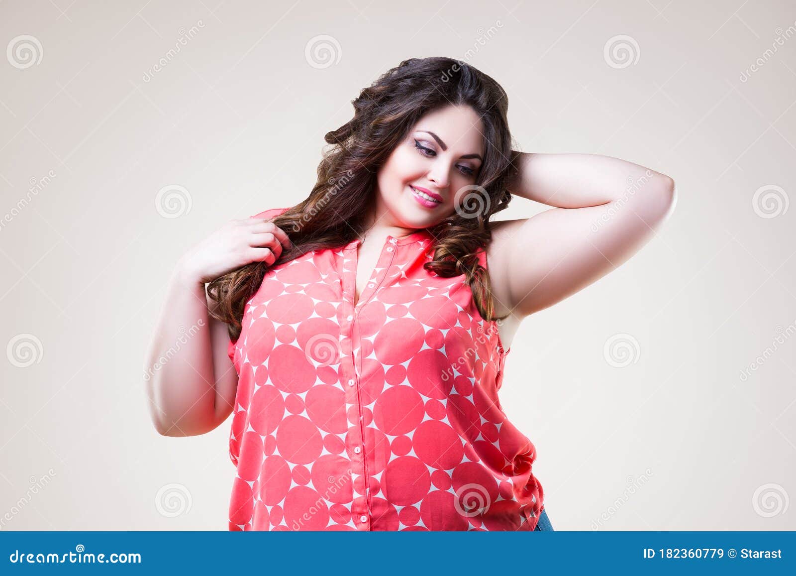 Happy Plus Size Fashion Model in Casual Clothes, Cheerful Fat Woman on ...