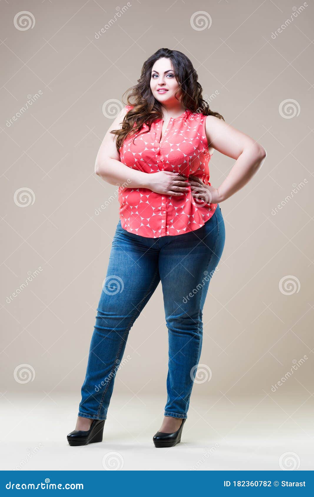 Happy Plus Size Fashion Model in Casual Clothes, Cheerful Fat Woman on ...