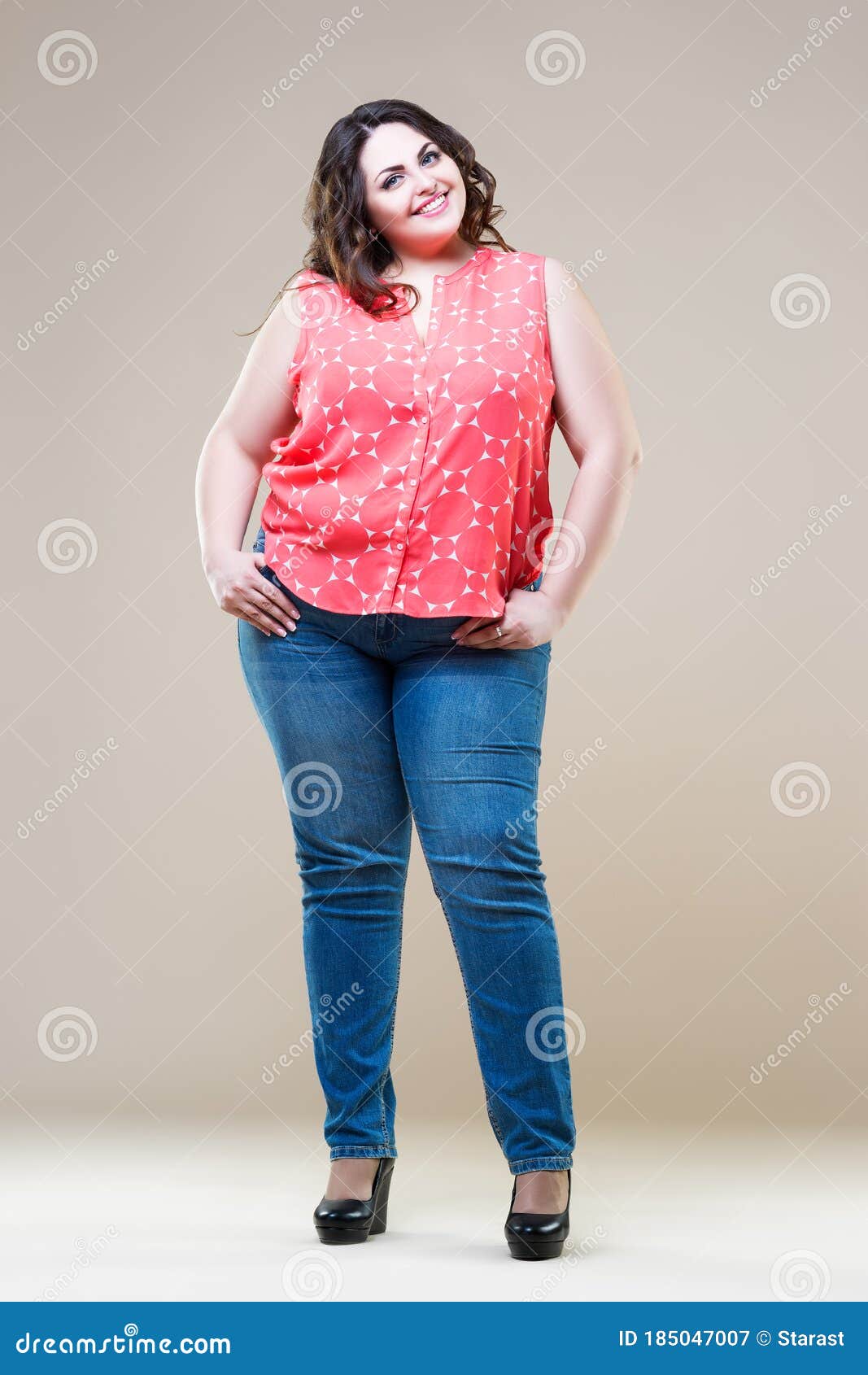 Happy Plus Size Fashion Model in Casual Clothes, Cheerful Fat Woman on ...