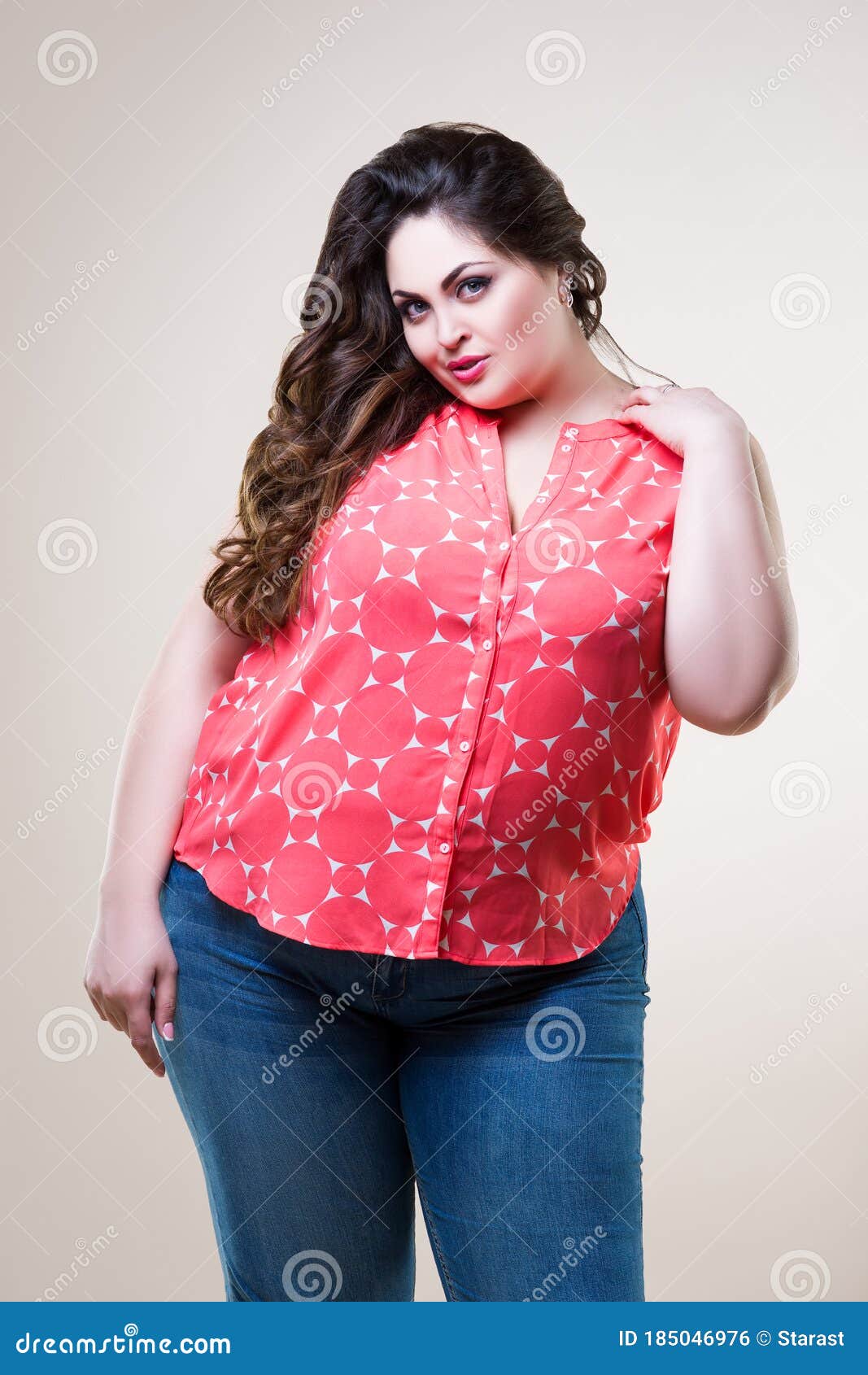 Happy Plus Size Fashion Model in Casual Clothes, Cheerful Fat Woman on ...