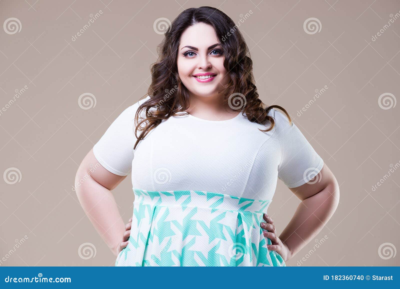 Happy Plus Size Fashion Model in Casual Clothes, Fat Woman on Beige ...