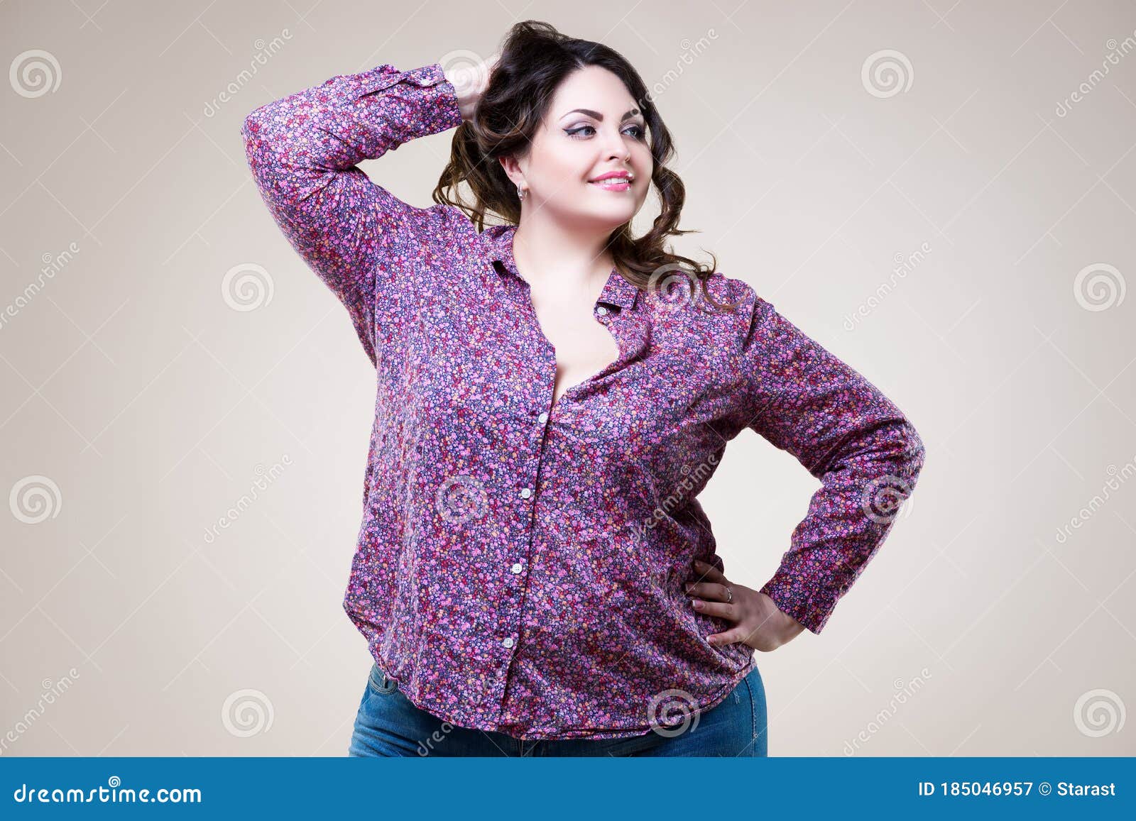 Happy Plus Size Fashion Model in Casual Clothes, Fat Woman on Beige ...
