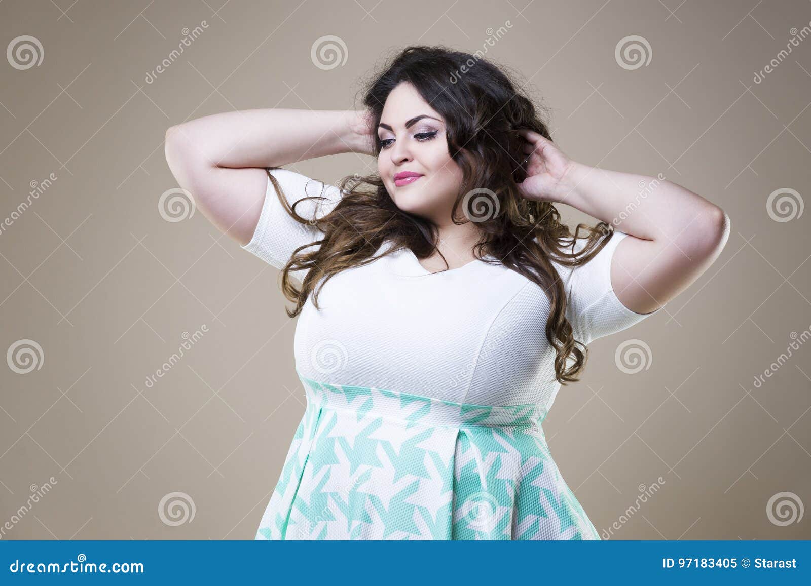 Happy Plus Size Fashion Model In Casual Clothes Fat Woman On Beige