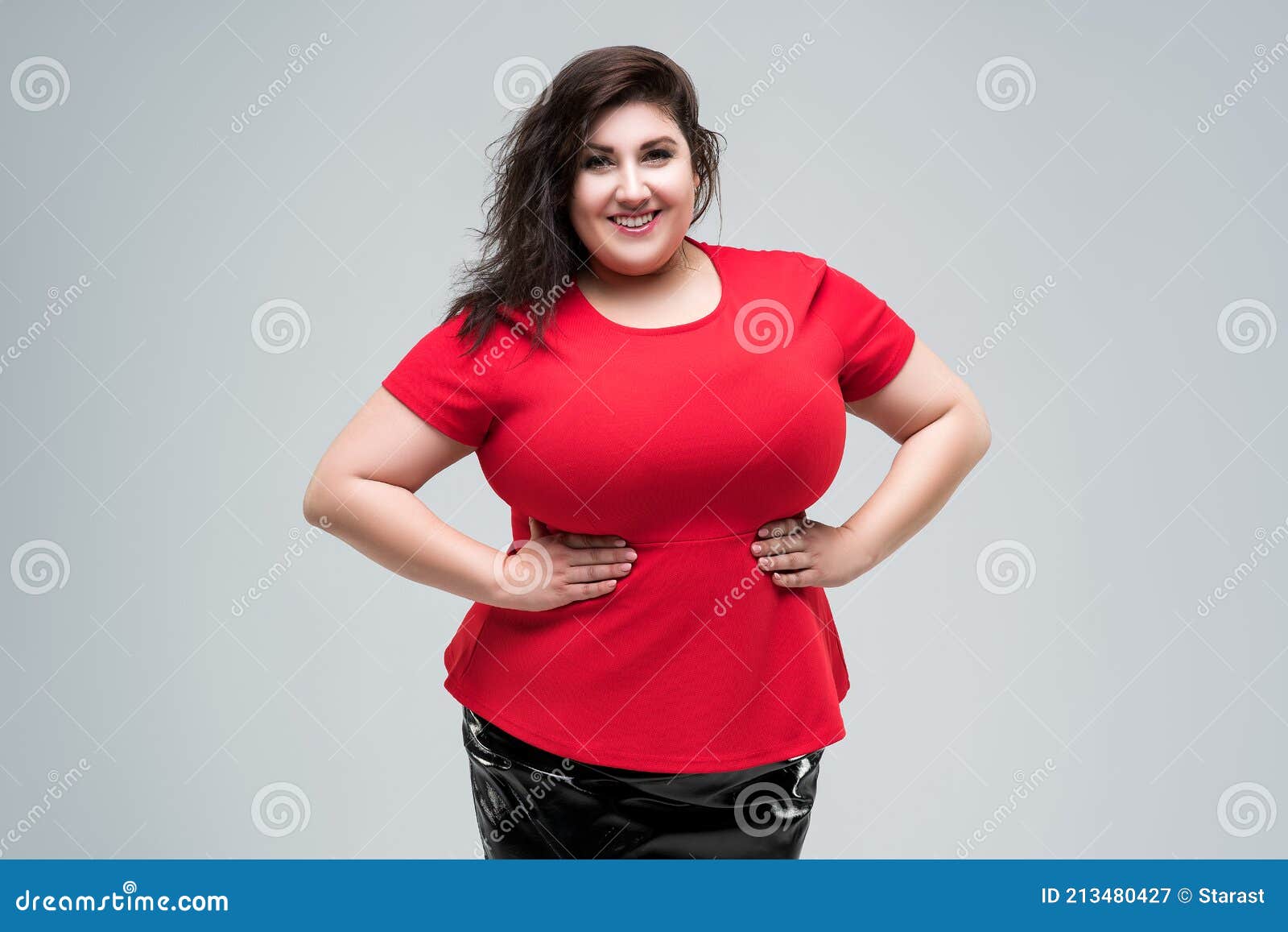 Happy Plus Size Fashion Model in Red Blouse, Fat Woman on Gray ...